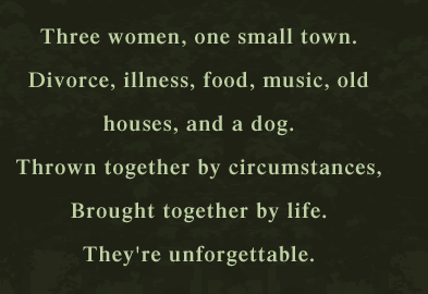 Three women, one small town. Divorce, illness, food, music, old houses, and a dog. Thrown together by circumstances, Brought together by life. They're unforgettable.